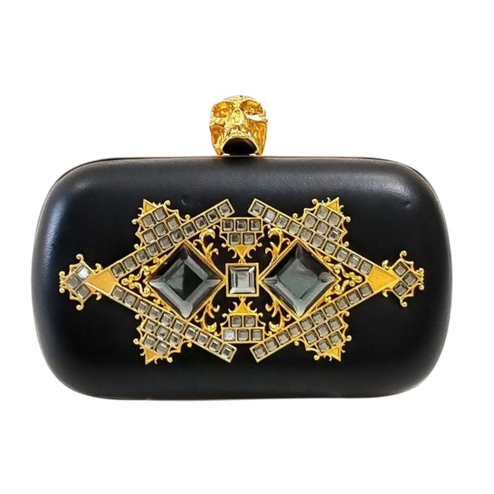 ✨🛍️ Alexander McQueen Black Leather & Swarovski Crystal Skull Box Clutch
